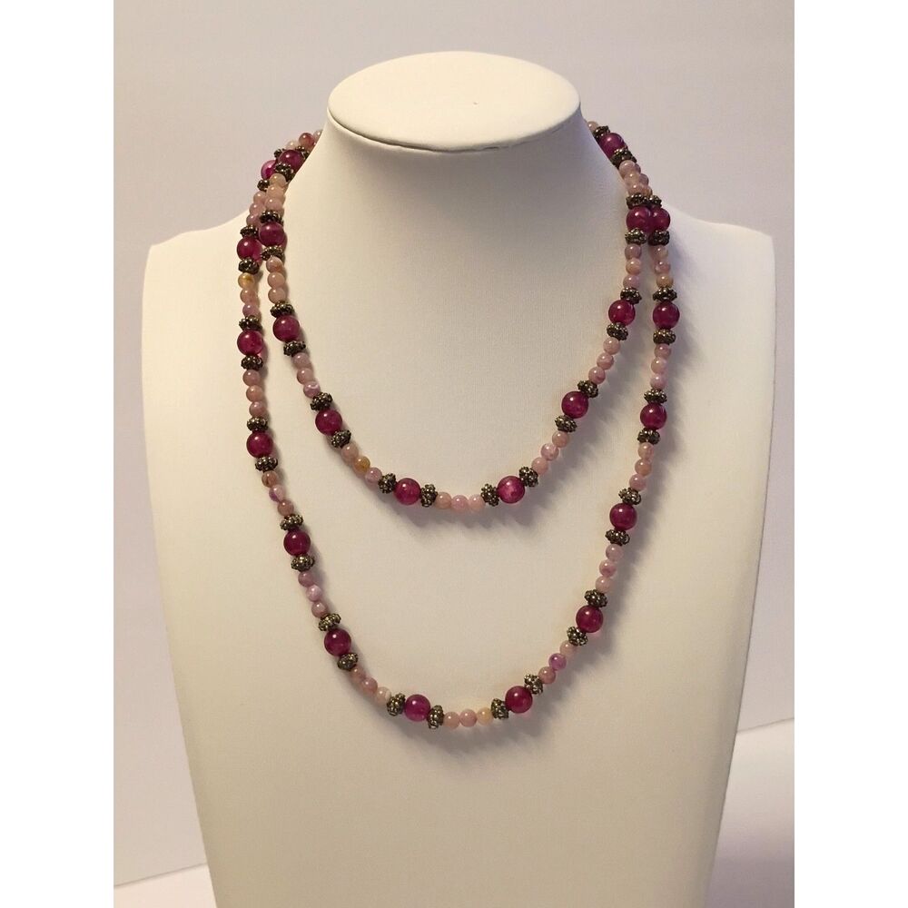 Vintage Long Necklace with beads of Rose Quartz and Amethyst with Metal Spacers